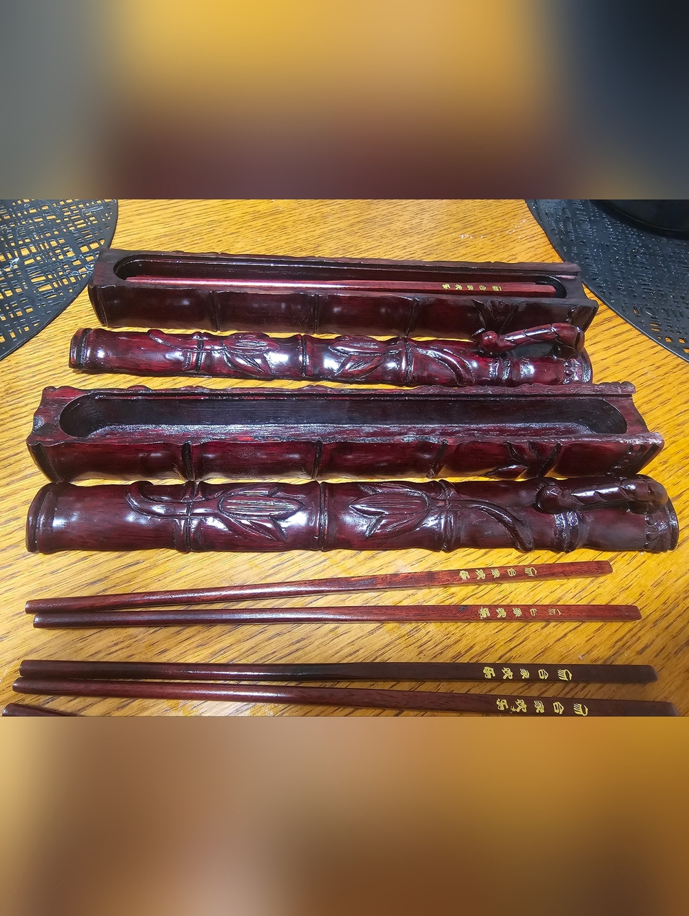 Luxury Hand-Carved Bamboo Chopstick Set – Cherry Finish Cases (2 Sets, 8 Pairs)